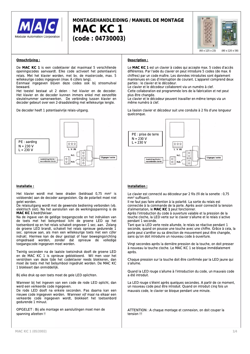 Page n°1 - Manuel utilisateur MAC KC 1