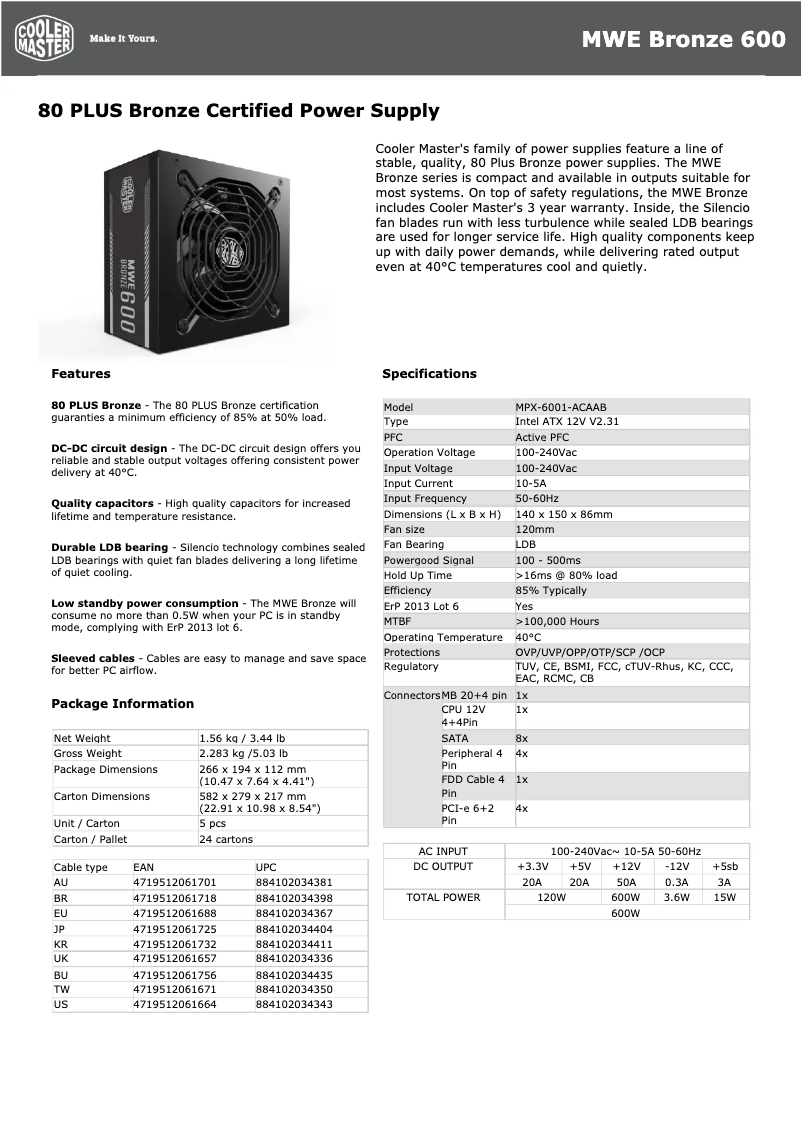 Page 1 of the manual Technical Sheet Cooler Master MWE Bronze 600