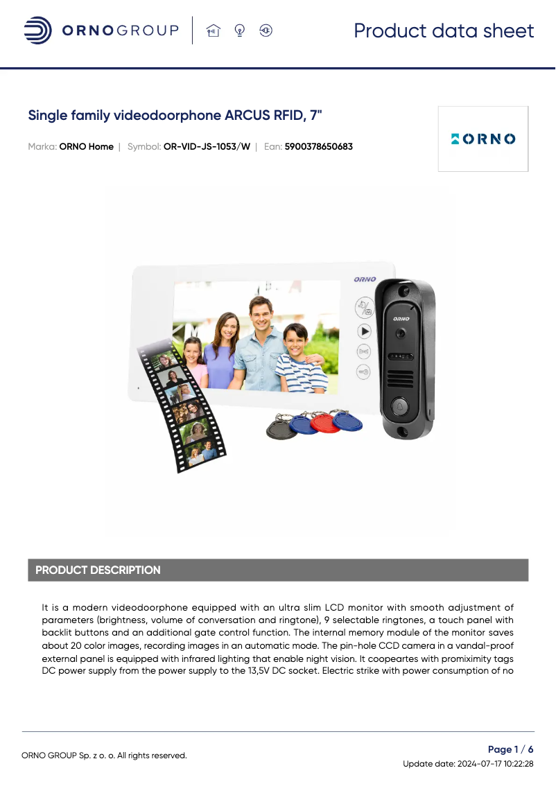 Page 1 de la notice Fiche technique Vibell OR-VID-JS-1053