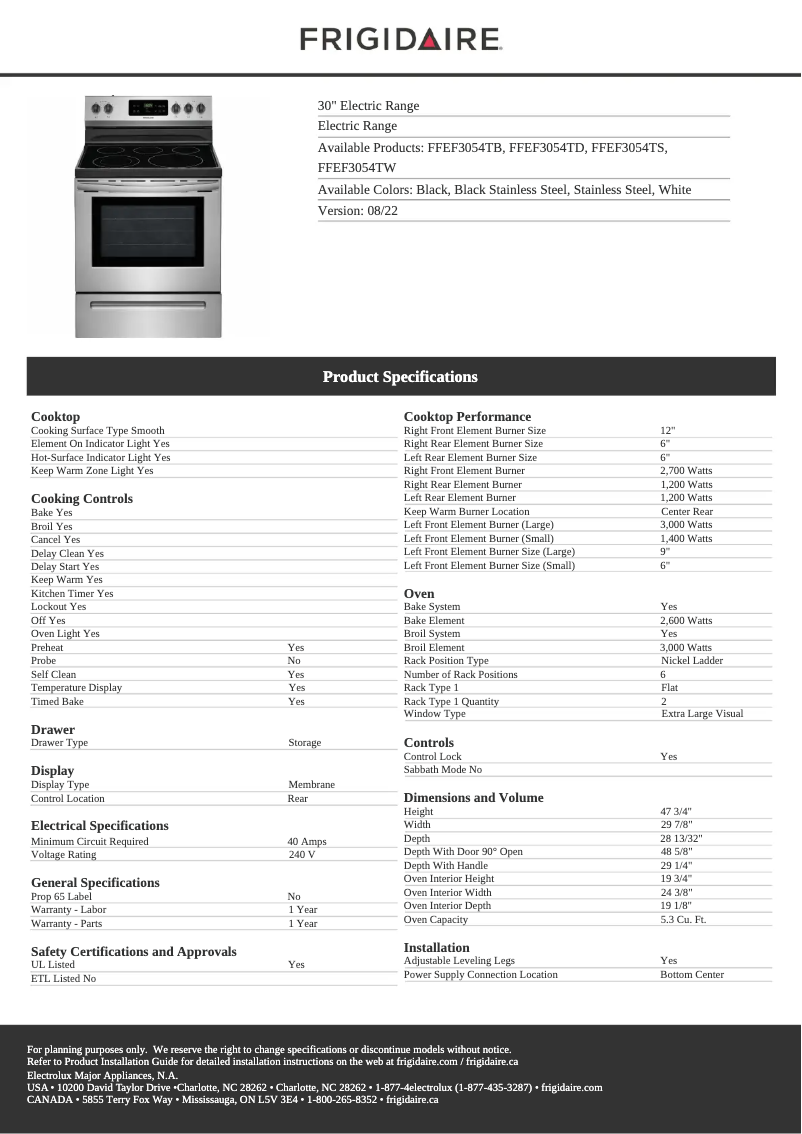 Página 1 del manual Ficha técnica Frigidaire FFEF3054TW