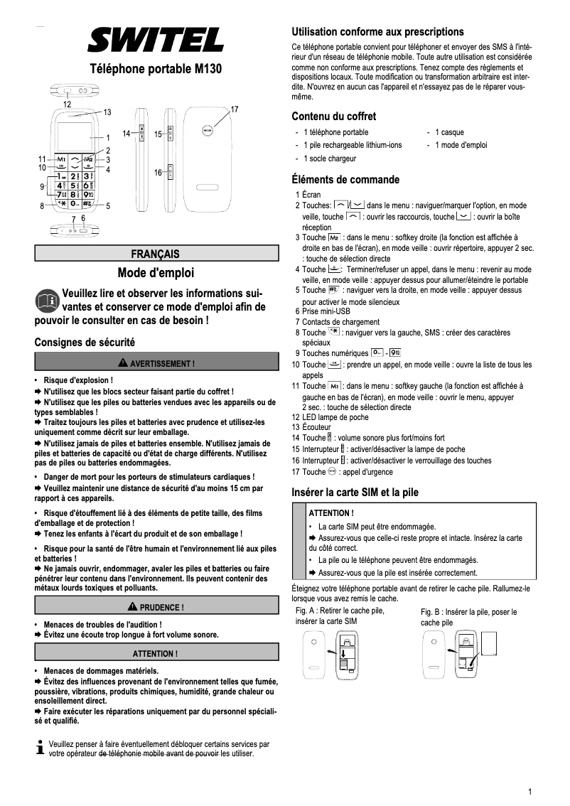 Page 1 de la notice Manuel utilisateur Switel M130