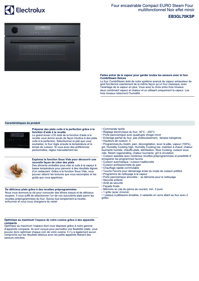 Page 1 de la notice Fiche technique Electrolux EB3GL70KSP