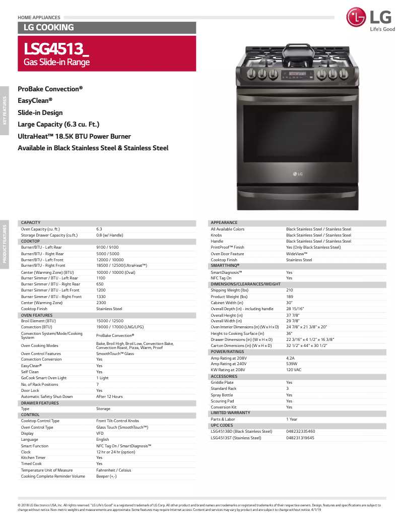 Page n°1 - Fiche technique LG LSG4513ST