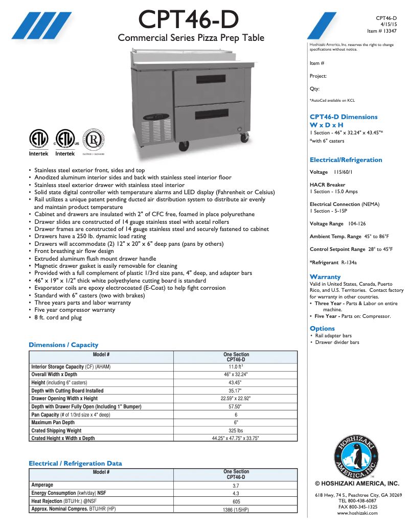 Page n°1 - Fiche technique Hoshizaki CPT46-D