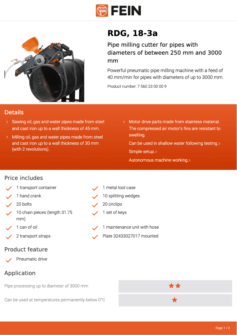 Page 1 de la notice Fiche technique Fein RDG 18-3a