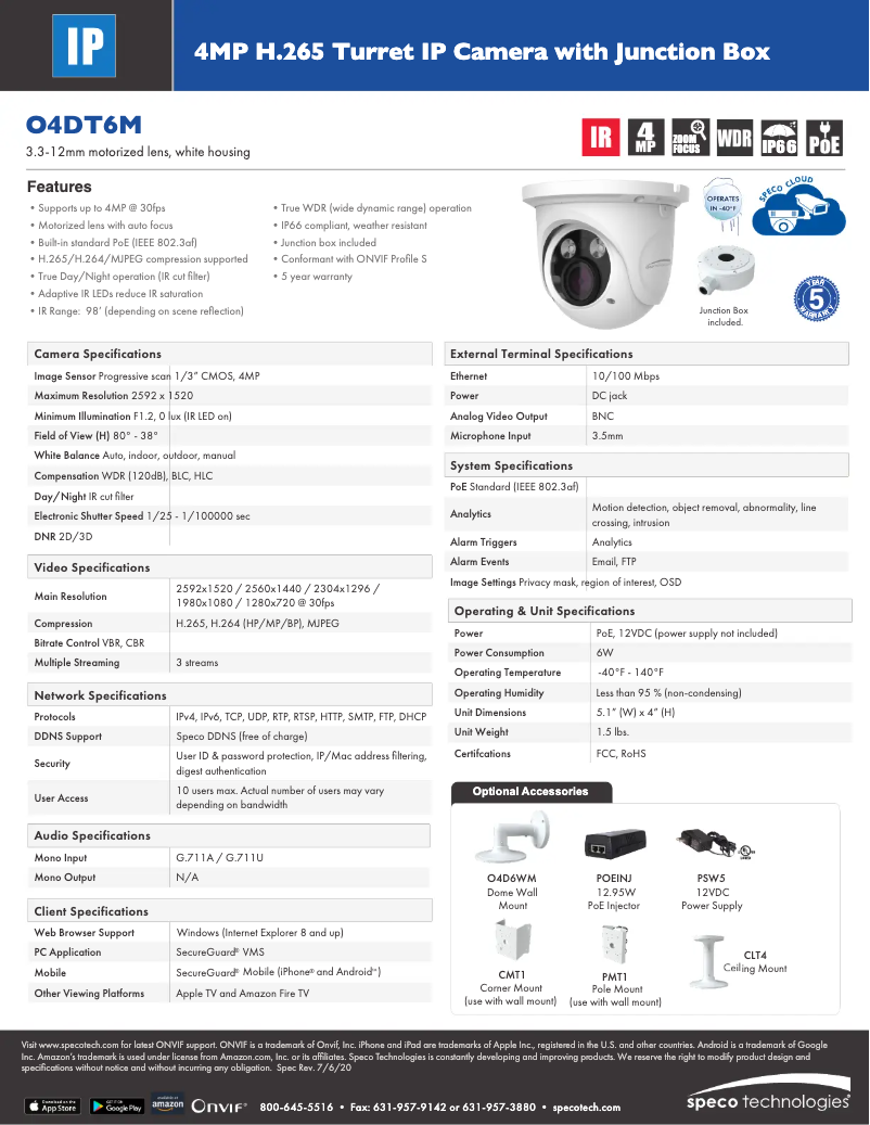 Page 1 de la notice Fiche technique Speco Technologies O4DT6M