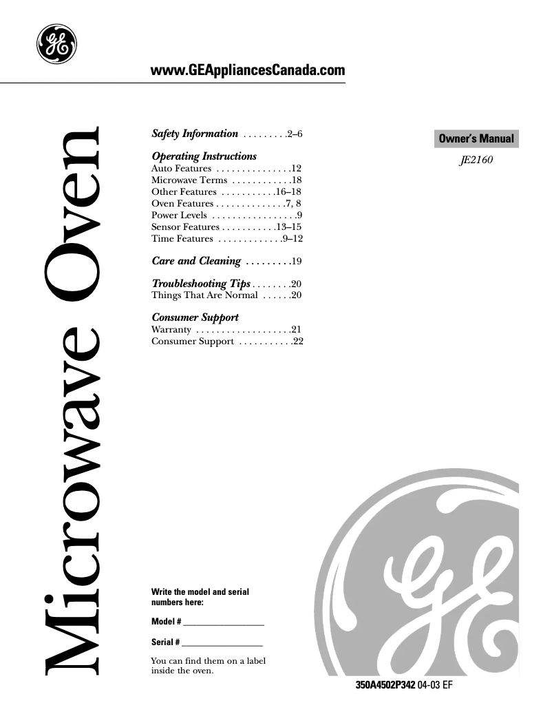 Imagen de la primera página del manual del dispositivo JE2160SFC