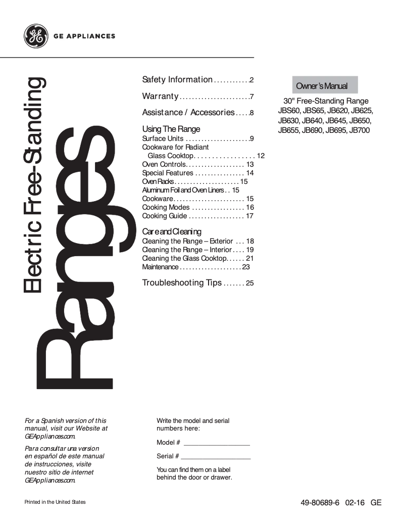 Page n°1 - Manuel utilisateur GE JB645DKBB