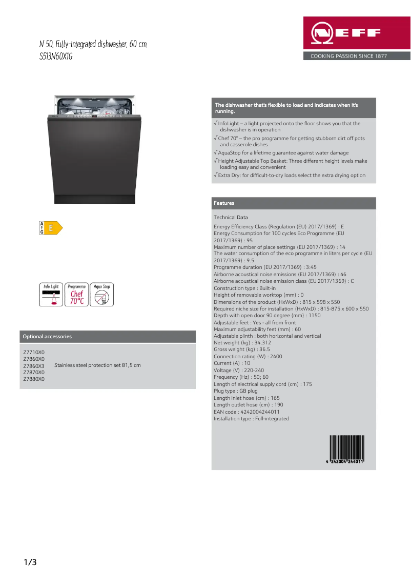 Page 1 of the manual Technical Sheet Neff S513N60X1G