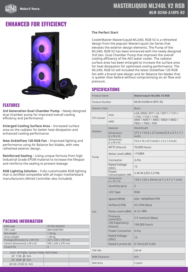 Page 1 de la notice Manuel utilisateur Cooler Master MasterLiquid ML240L V2 RGB