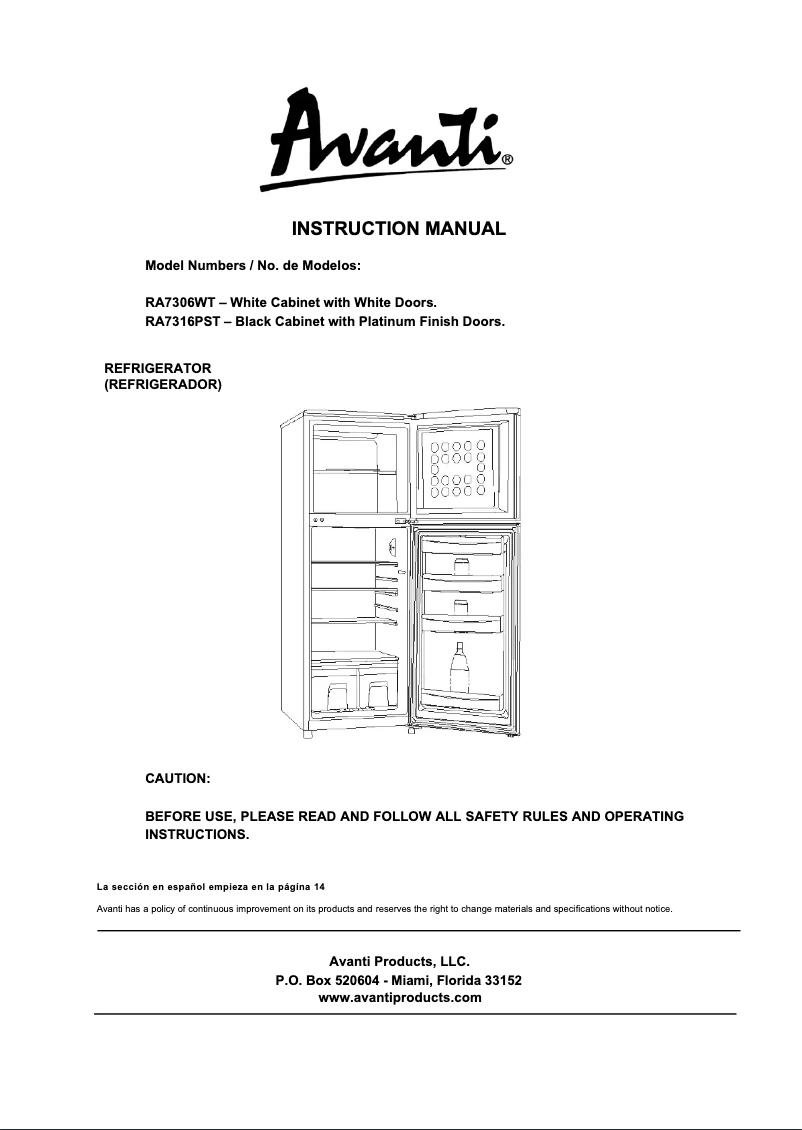 Page n°1 - Manuel d'utilisation et d'entretien Avanti RA7316