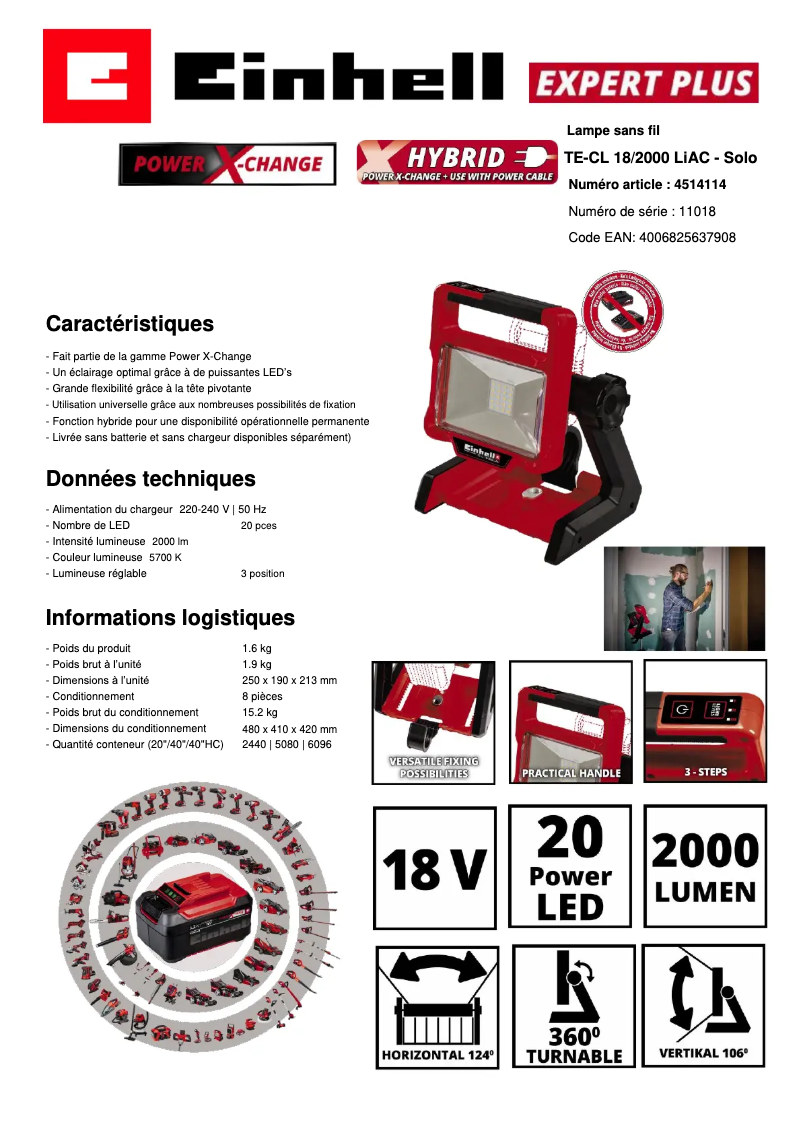 Page n°1 - Fiche technique Einhell TE-CL 18/2000 LiAC