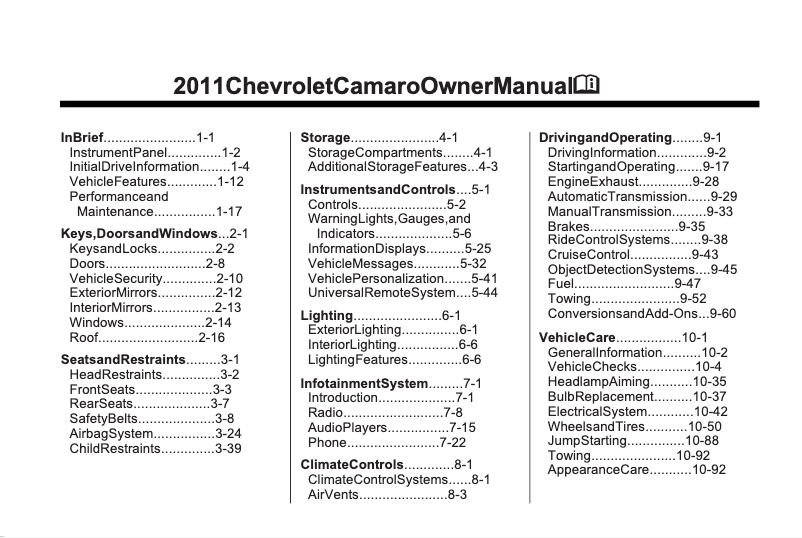 Page 1 de la notice Manuel utilisateur Chevrolet Camaro (2011)