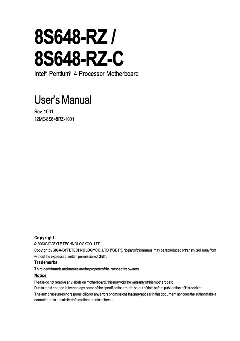 Page 1 de la notice Manuel utilisateur Gigabyte 8S648-RZ
