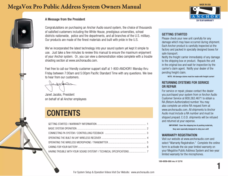 Page n°1 - Manuel utilisateur Anchor Audio MEGA-DP DUAL/CM/HBM