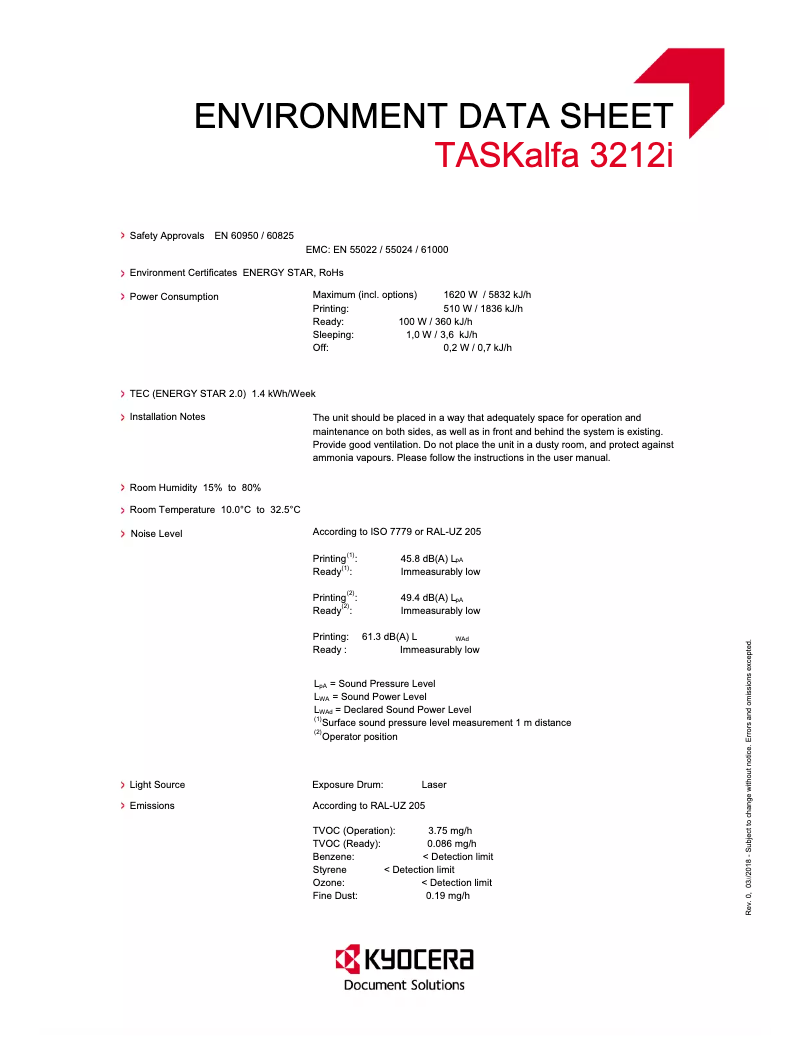 Page 1 de la notice Fiche technique Kyocera TASKalfa 3212i