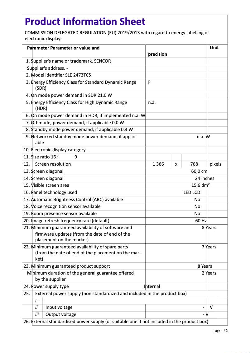 Page 1 de la notice Fiche technique Sencor SLE 2473TCS
