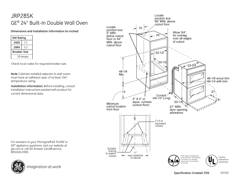 Página 1 del manual Ficha técnica GE JRP28SKSS