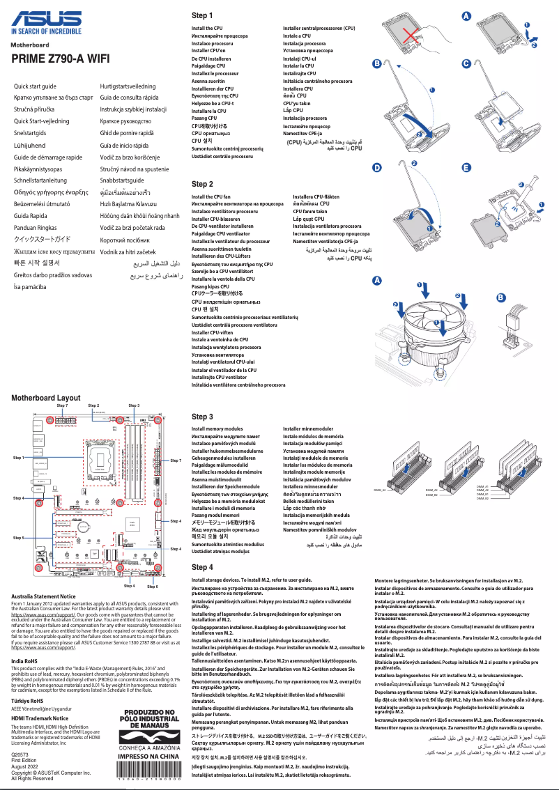 Page 1 de la notice Guide de démarrage rapide Asus PRIME Z790-A WIFI-CSM
