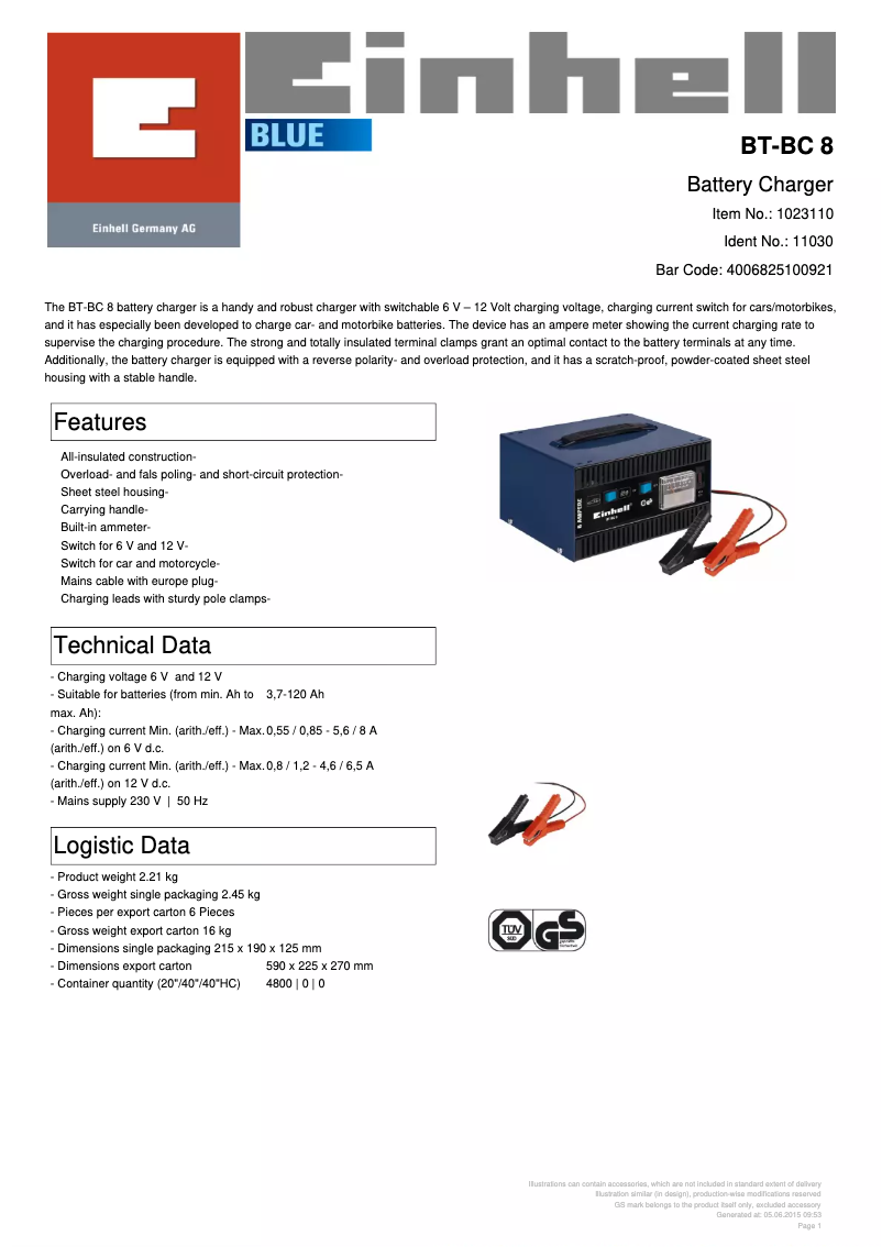 Page 1 de la notice Fiche technique Einhell BT-BC 8