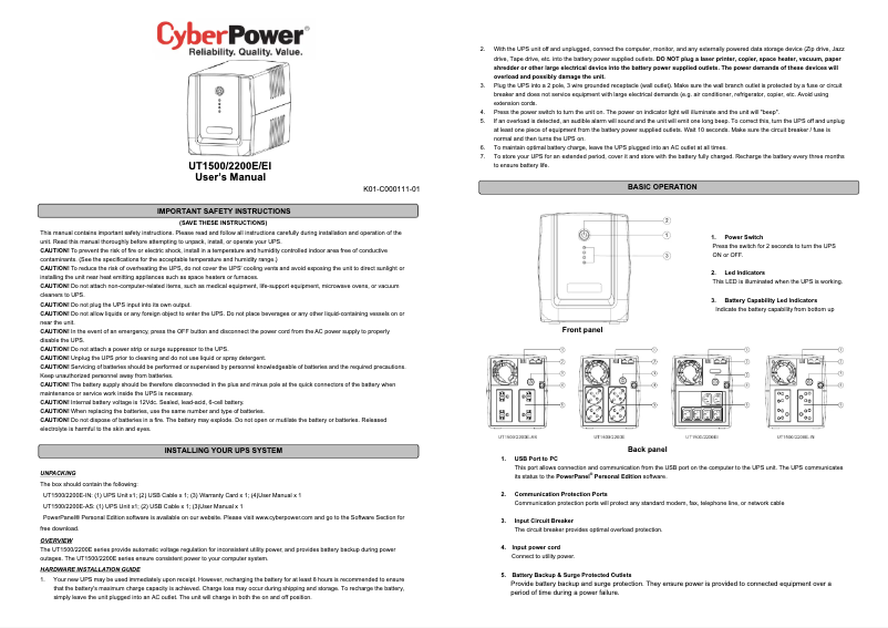 Page n°1 - Manuel utilisateur CyberPower UT1500EI