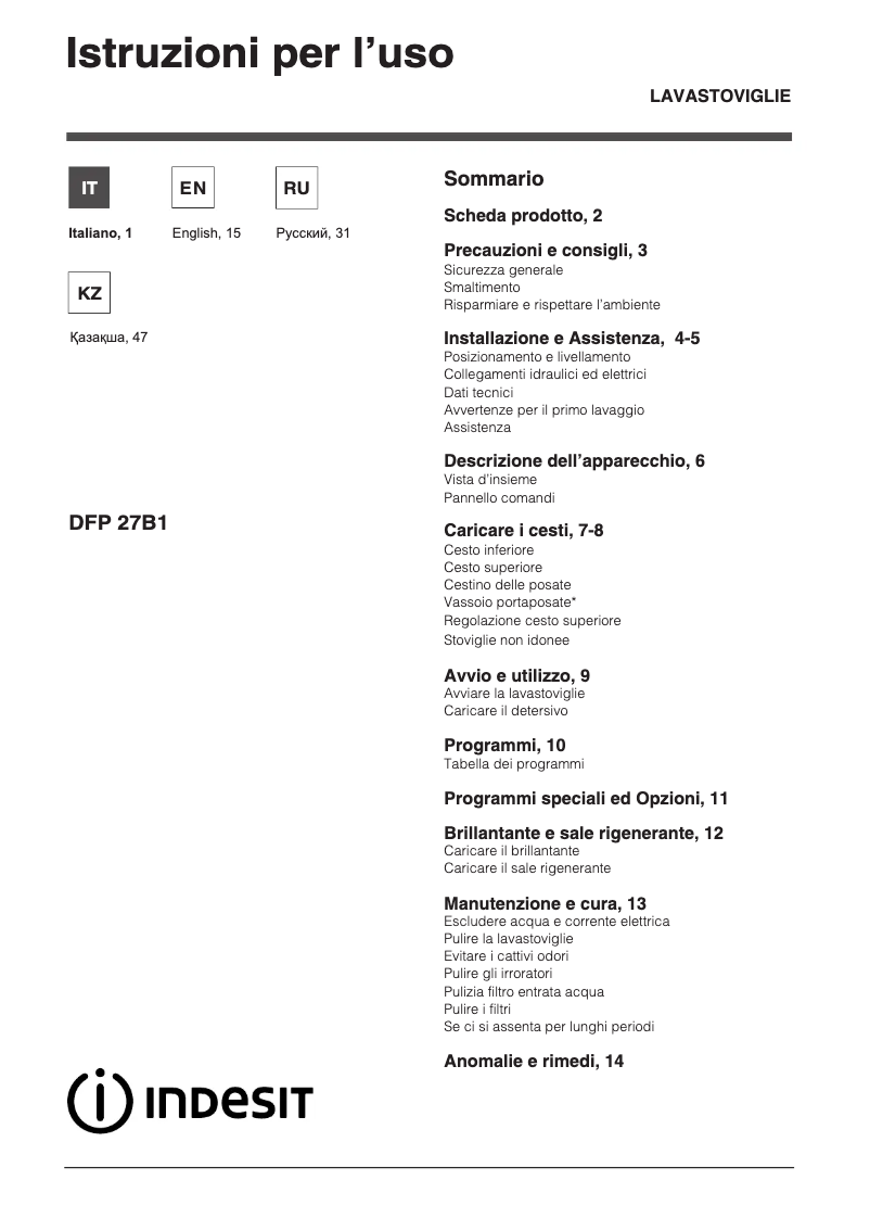 Page 1 de la notice Manuel utilisateur Indesit DFP 27B1 A EU