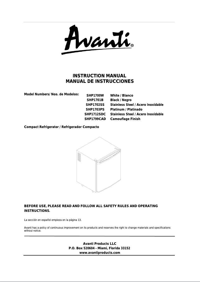 Page 1 de la notice Manuel utilisateur Avanti SHP1799CAD-IS