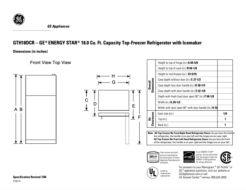 Page n°1 - Fiche technique GE GTH18DCRLBB
