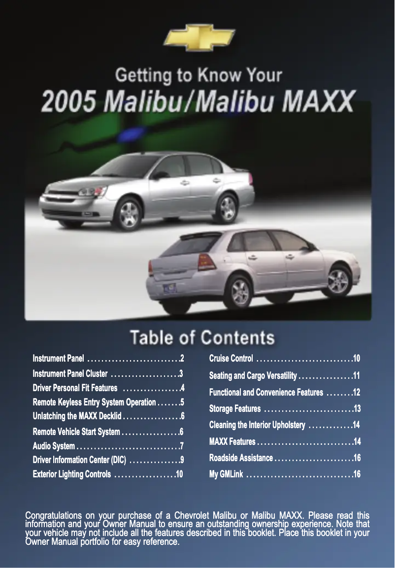 Page 1 de la notice Guide de démarrage rapide Chevrolet Malibu Maxx (2005)