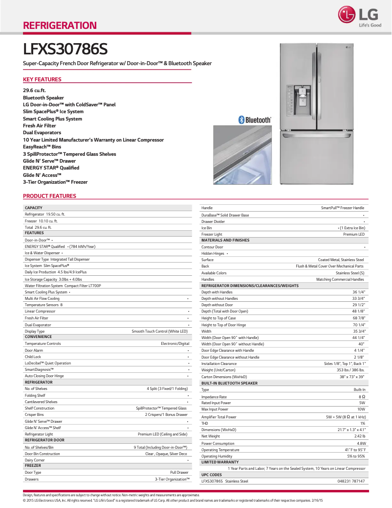 Page 1 de la notice Fiche technique LG LFXS30786S