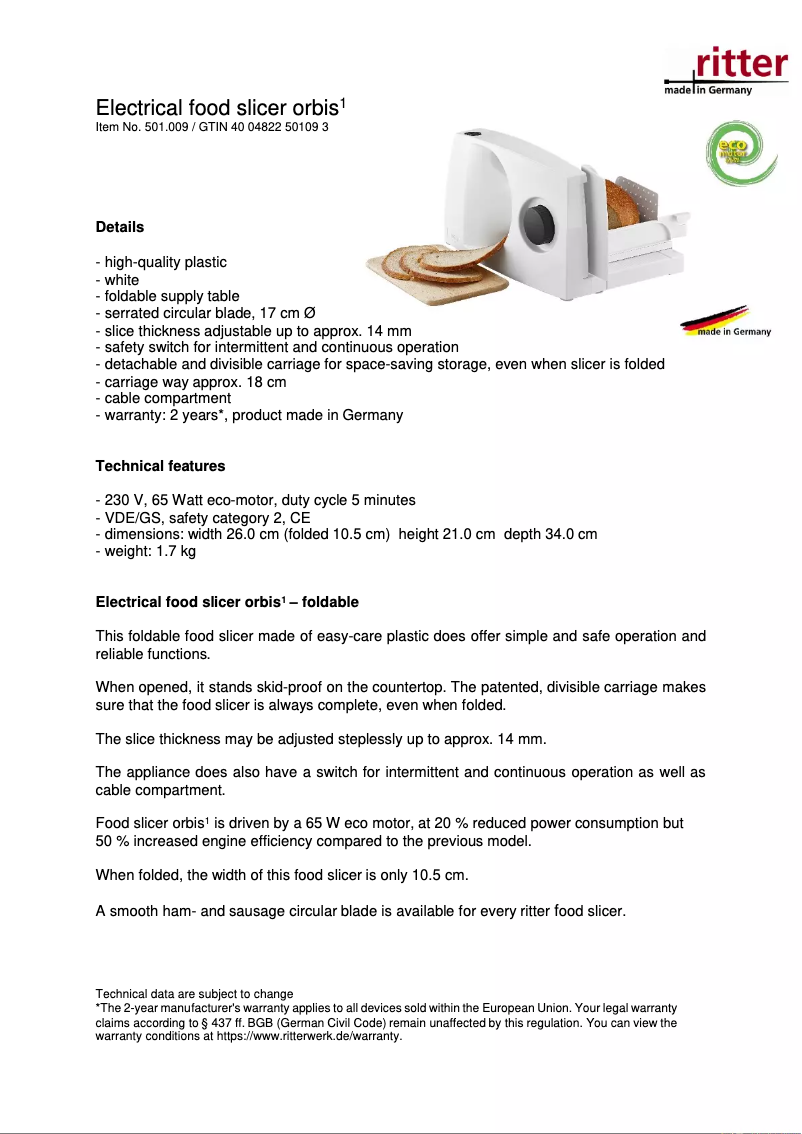 Page 1 de la notice Fiche technique Ritter Orbis 1