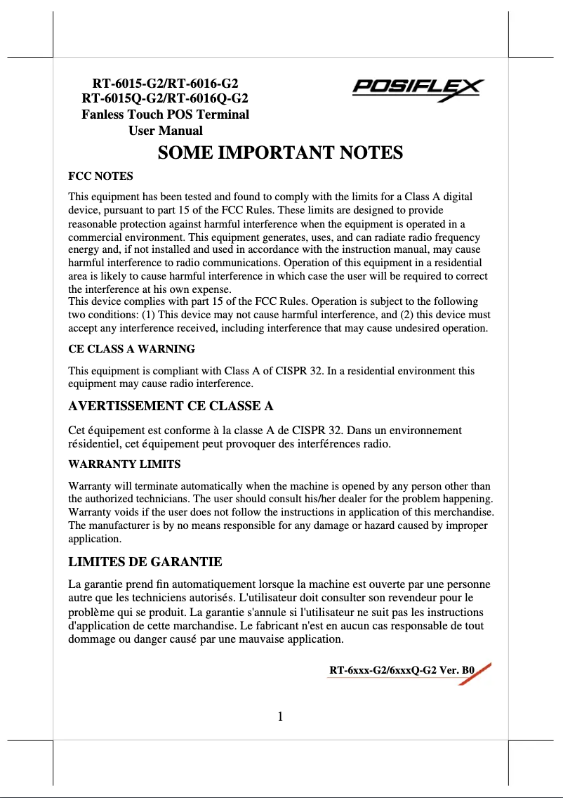 Page 1 de la notice Manuel utilisateur Posiflex RT-6016Q-G2