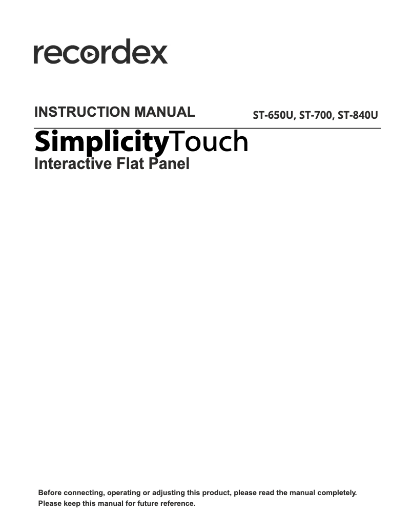 Page n°1 - Manuel utilisateur Recordex SimplicityTouch