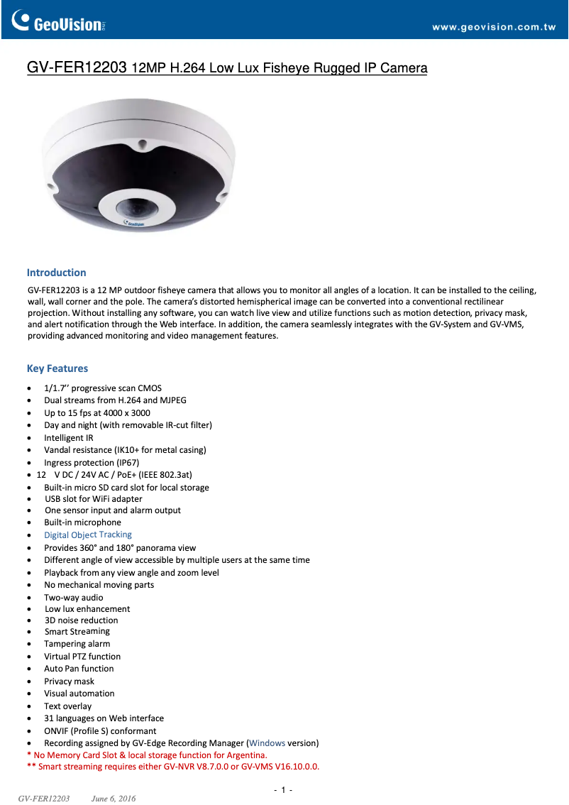 Page 1 de la notice Brochure Geovision GV-FER12203