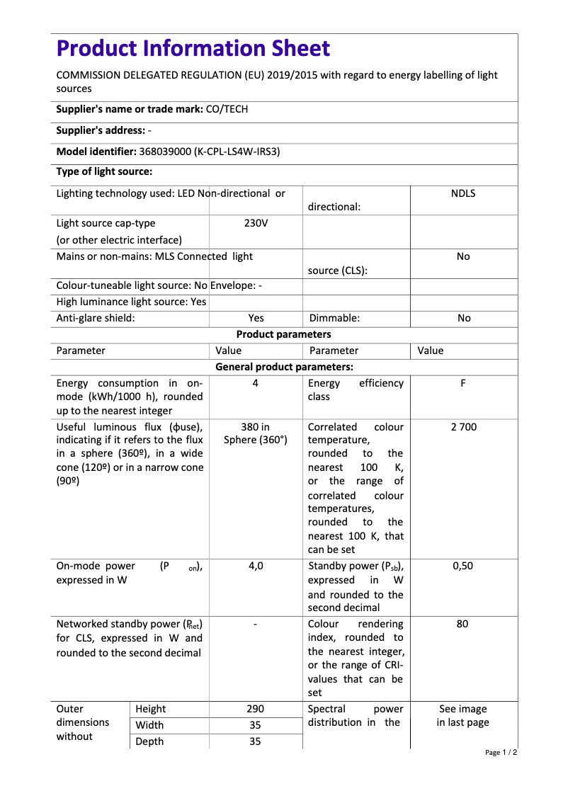 Página 1 del manual Ficha técnica Cotech K-CPL-LS4W-IR-S3