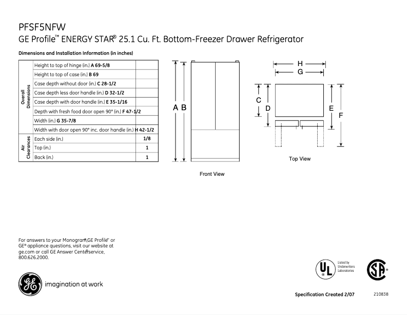 Page n°1 - Fiche technique GE Profile PFSF5NFWWW