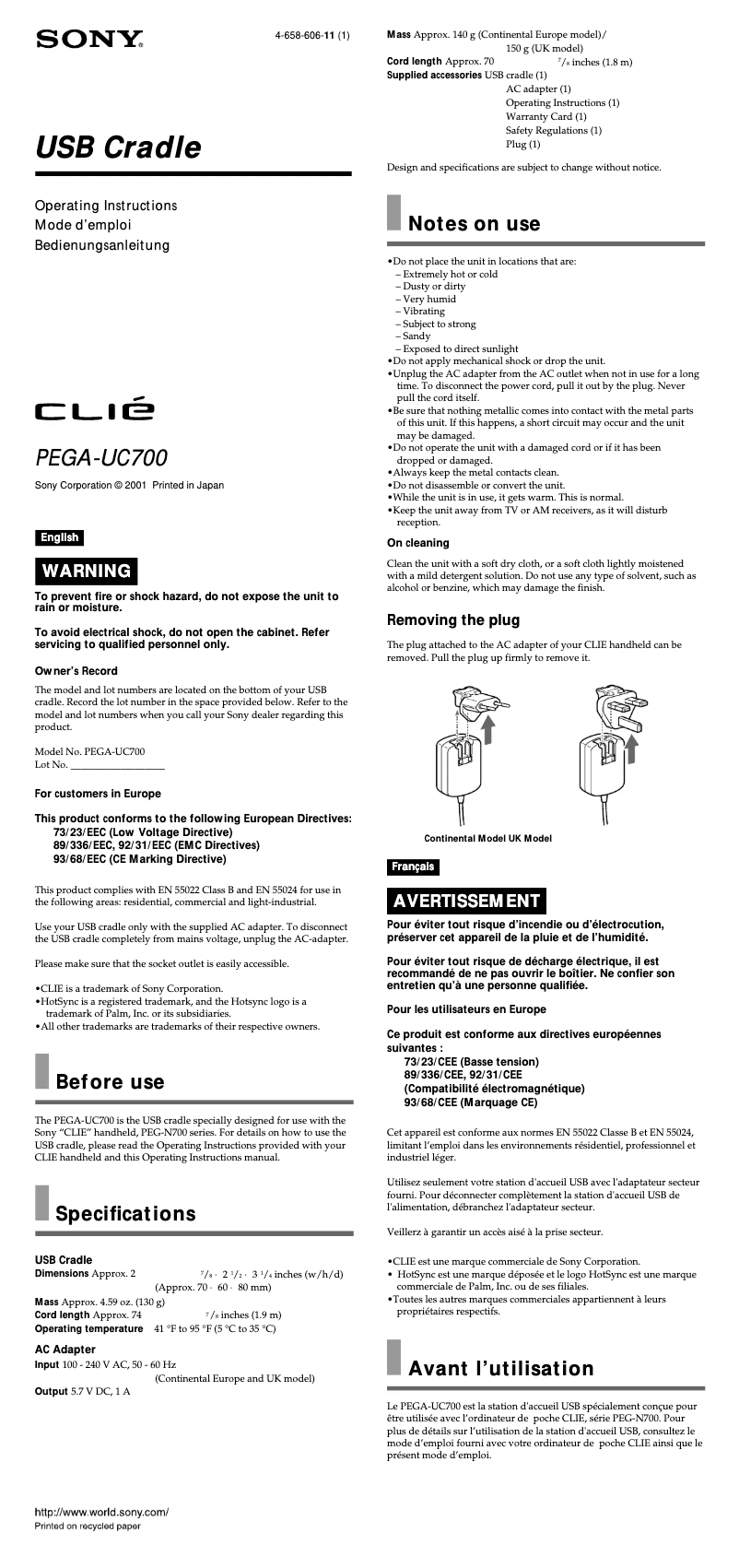 Image de la première page du manuel de l'appareil Clié PEGA-UC700