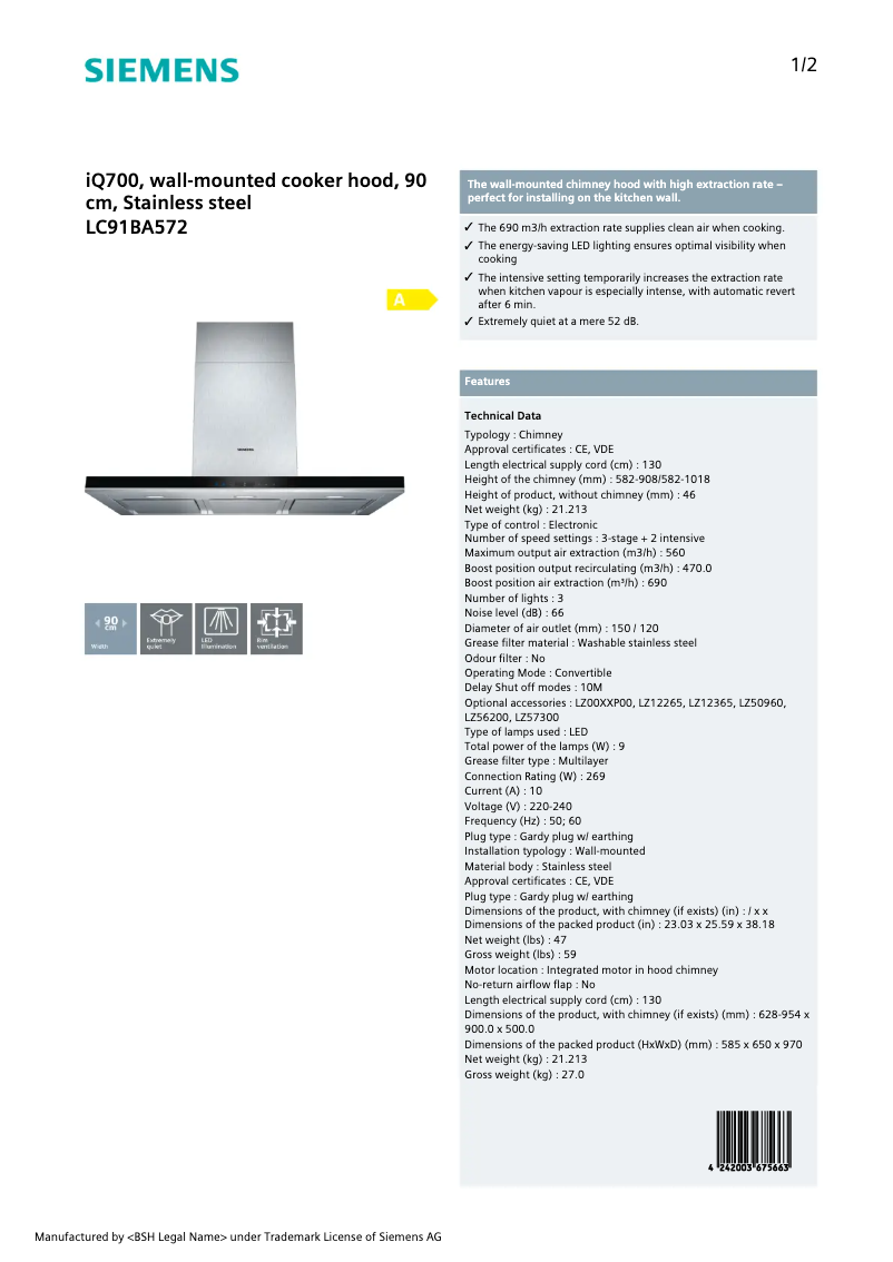 Page 1 de la notice Fiche technique Siemens LC91BA572