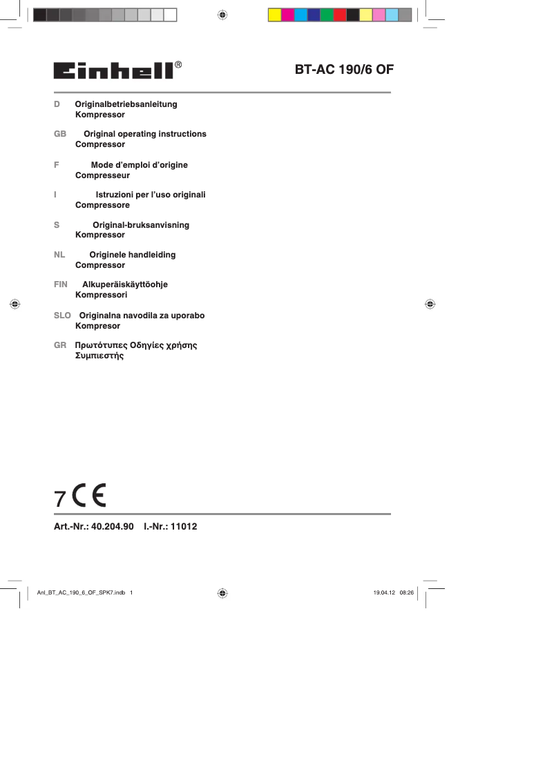 Page 1 de la notice Mode d'emploi Einhell BT-AC 190/6 OF