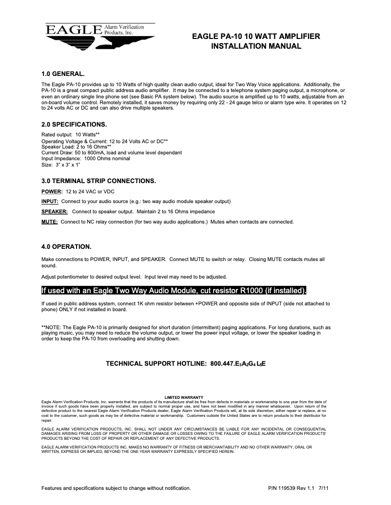Page 1 de la notice Manuel utilisateur Eagle PA-10