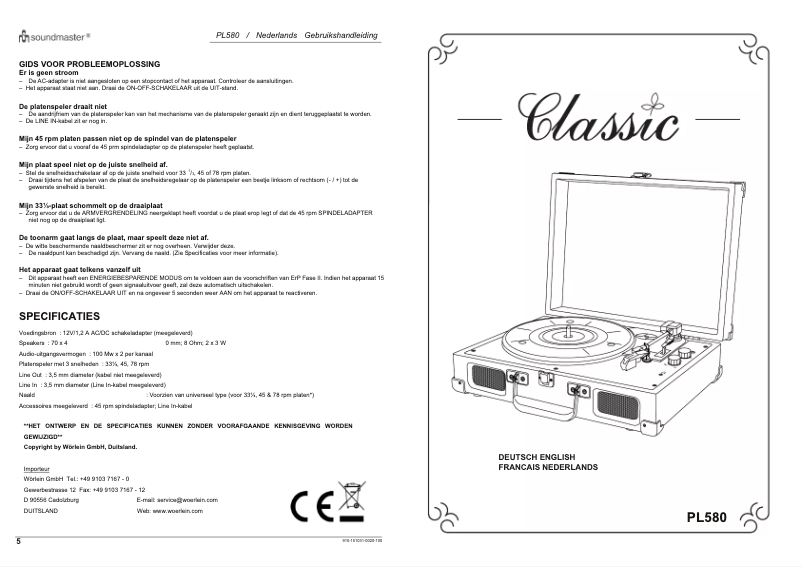 Page 1 de la notice Manuel utilisateur Soundmaster PL580