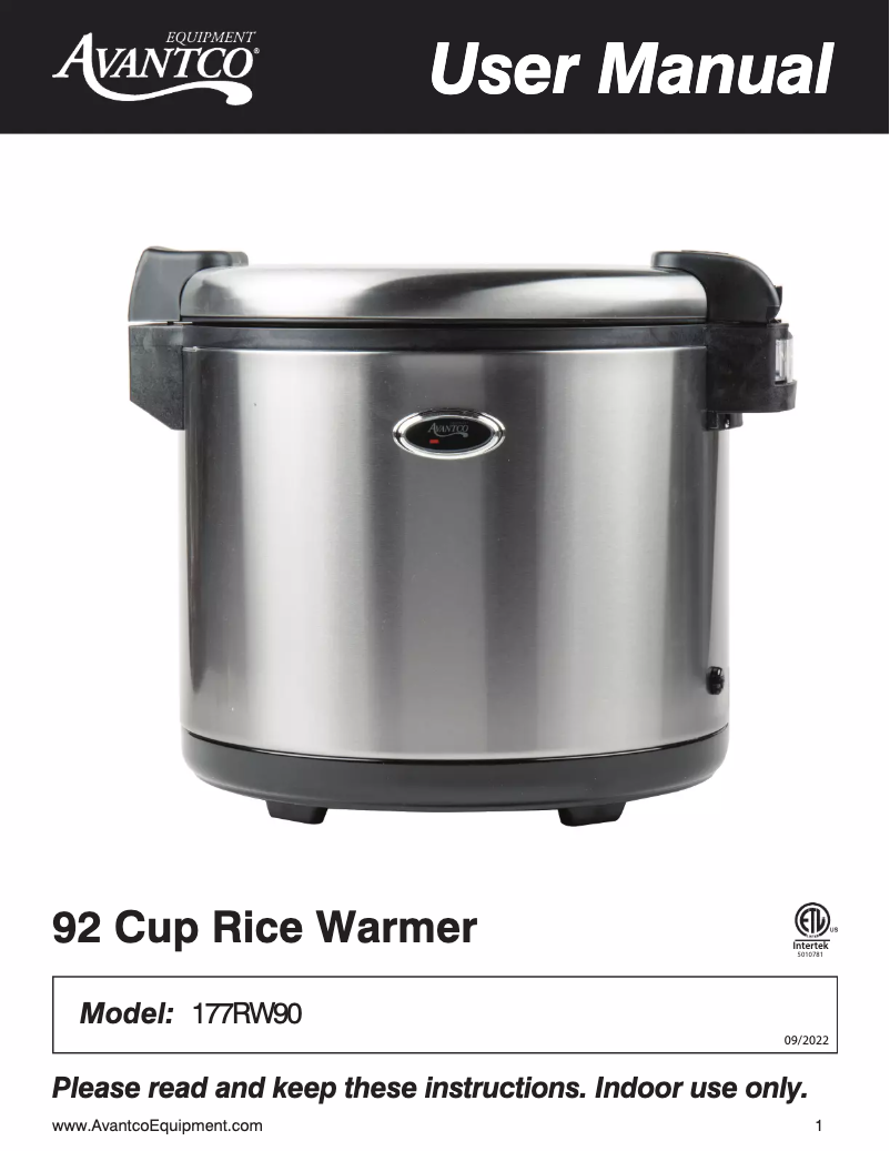 Page 1 de la notice Manuel utilisateur Avantco RW90