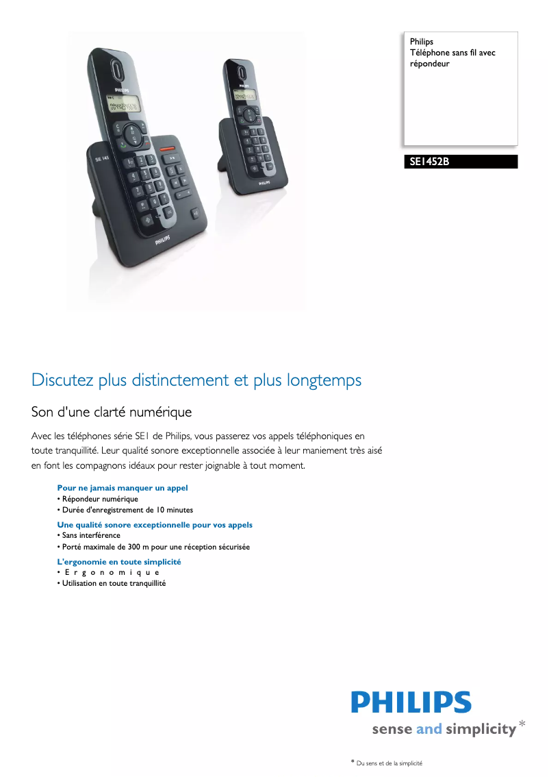 Page 1 of the manual Technical Sheet Philips SE1452B