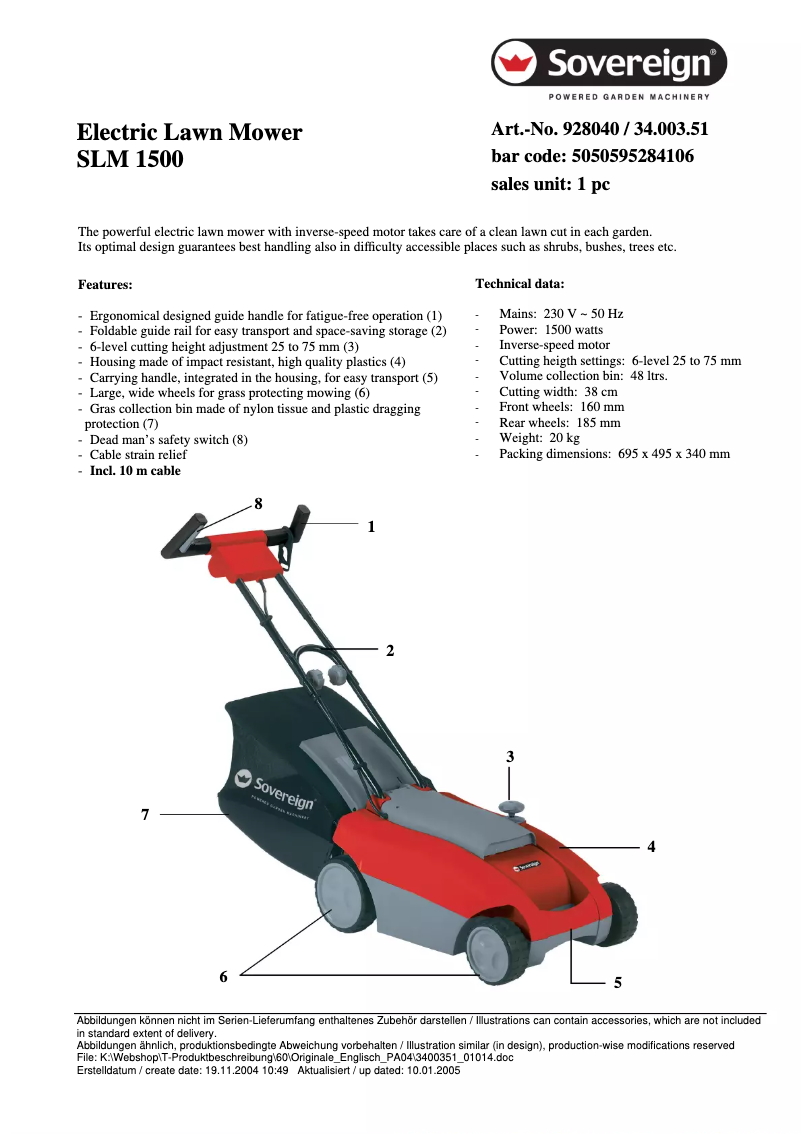 Page 1 de la notice Fiche technique Sovereign SLM 1500