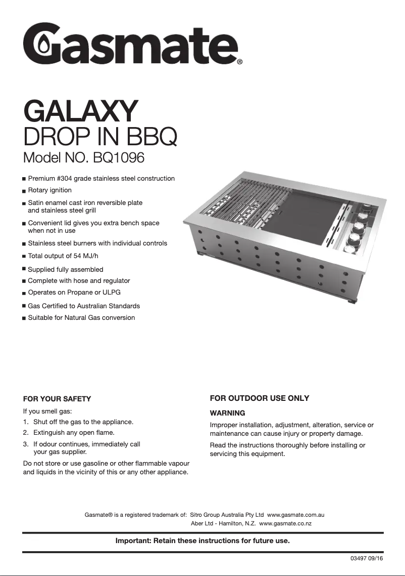 Page 1 de la notice Manuel utilisateur Gasmate Galaxy BQ1096