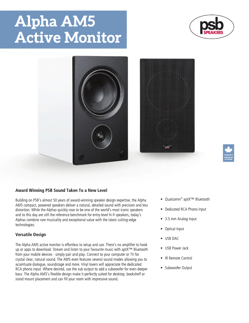 Page 1 de la notice Fiche technique PSB Alpha AM5