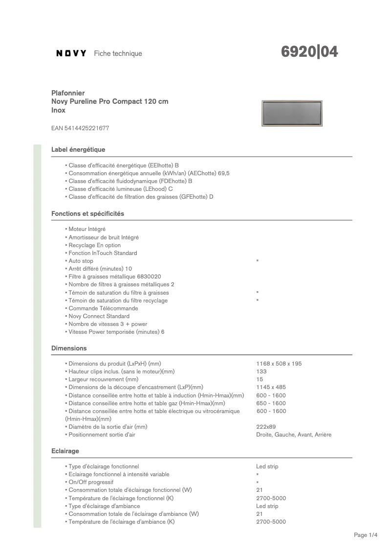 Page n°1 - Fiche technique Novy Pureline Pro Compact 6920