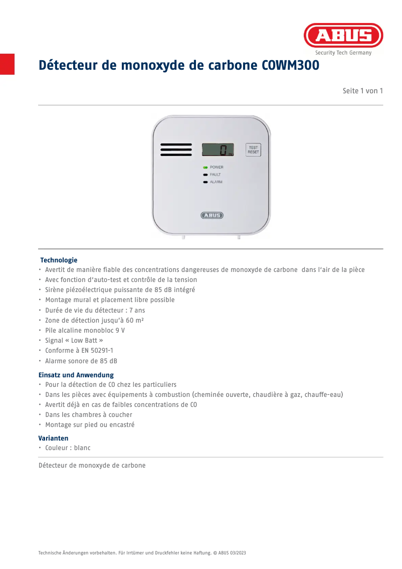 Page n°1 - Fiche technique Abus COWM300