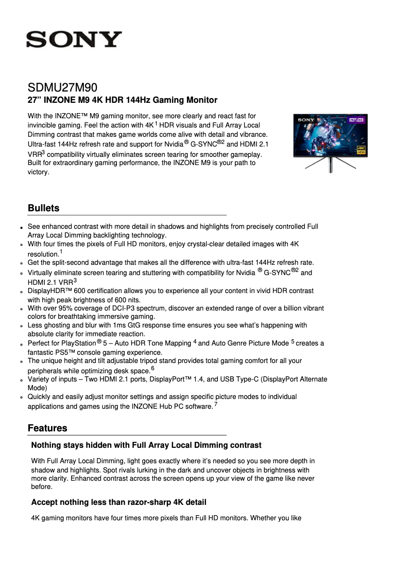 Page 1 de la notice Fiche technique Sony SDM-U27M90