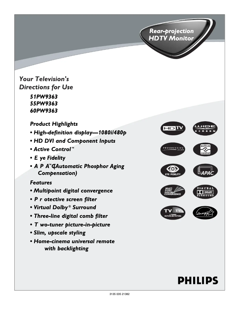 Page 1 de la notice Manuel utilisateur Philips 60PW9363